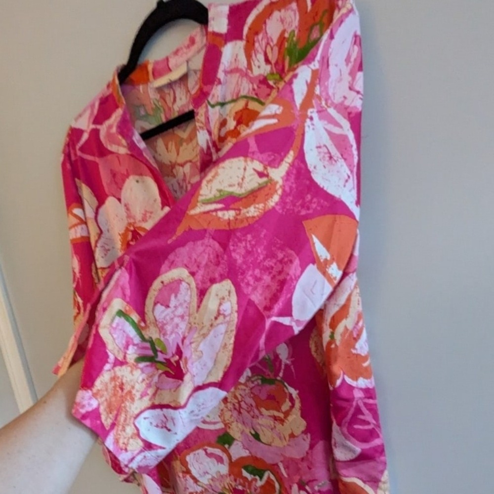 Natori Floral Boho Coastal Elegant V-Neck Blouse Pink Orange Watercolor Bloom - Picture 11 of 16